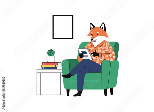 A female anthropomorphic fox, a business animal, uses a smartphone to chat online and text while surfing the internet, depicted as a flat vector illustration on a white background