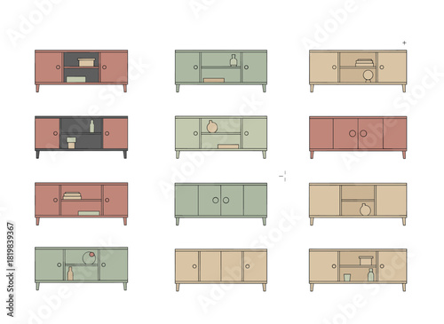 Top view of cabinets, shelving units, TV stands, and chest of drawers for a contoured interior layout; storage furniture overhead for the floor plan map; flat vector illustrations isolated on a white