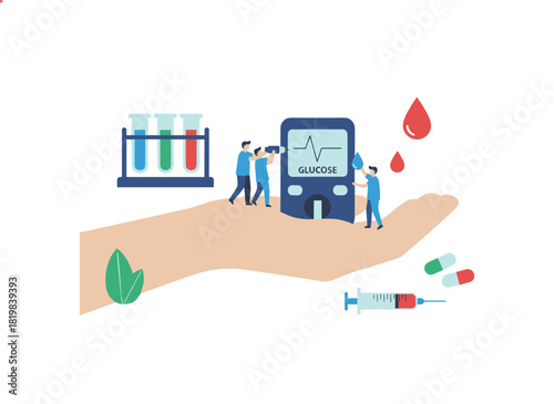 Web banner template depicting doctors or physicians holding a blood tester, showcasing a medical device for glucose testing in a modern flat vector illustration for advertising health monitoring or
