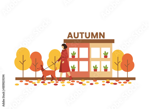 A hand‑drawn vector template for an autumn‑themed greeting card, poster, and seasonal postcard featuring falling leaves, a young woman strolling outdoors with her pet, and a smiling girl walking a