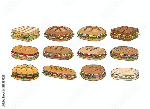 A collection of sandwiches with vegetable and meat fillings, fast food snacks, toasts, burgers, bagels, baguettes, bread, and buns with various fillings, rendered as flat graphic vector illustrations