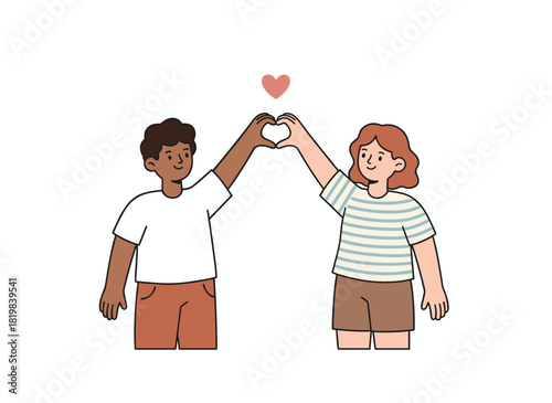 Adorable same‑sex couple embraces, forming a heart with their hands; LGBTQ partners pose together against a plain white backdrop, depicting a loving lesbian family in a flat cartoon vector