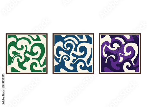 A set of abstract patterns featuring seamless brushstroke backgrounds, freestyle stroke drawings, and endlessly repeating textures for fabric, textile, wallpaper, and wrapping designs, rendered as