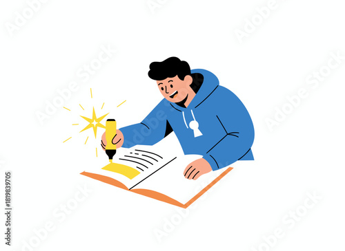 Reading a book, studying, learning—essential to knowledge and education; a man discovers answers in literature and ideas, unlocking secrets, shown in a flat vector illustration on a white background