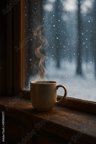 Steaming mug sits on a windowsill as snow falls outside creating a cozy winter atmosphere indoors
