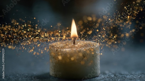 Glowing Candle with Sparkling Golden Particles Creating a Warm Atmosphere in a Dark and Cozy Setting