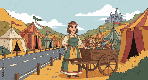 Charming flower seller at a vibrant medieval fair, near majestic castle