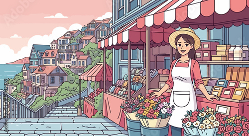 Charming seaside market scene with friendly vendor and colorful product display