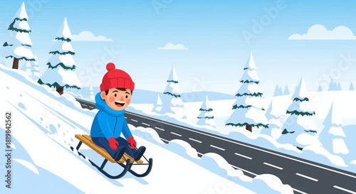 Cheerful boy sledding down snowy slope surrounded by winter wonderland scene