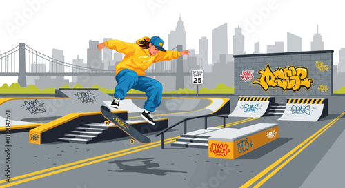 Dynamic urban skateboarder executing a trick in a vibrant city skatepark scene