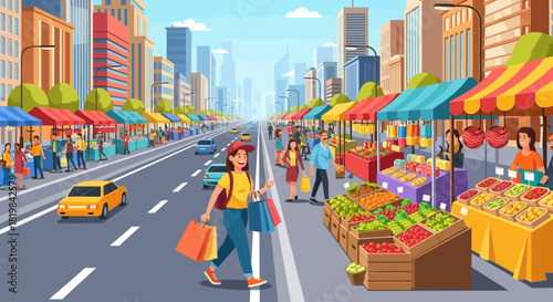 Vibrant city street market with shoppers browsing colorful vendor stalls