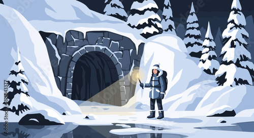 Winter adventurer: Exploring a snowy tunnel with a guiding torch in cartoon style