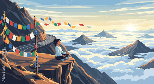 Serene Meditation atop a Himalayan Cliffside with Prayer Flags and Mountainous Vista