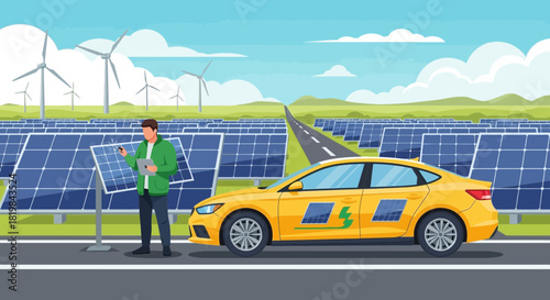 Sustainable Energy Future: Man Inspecting Solar Panels with Electric Car Nearby