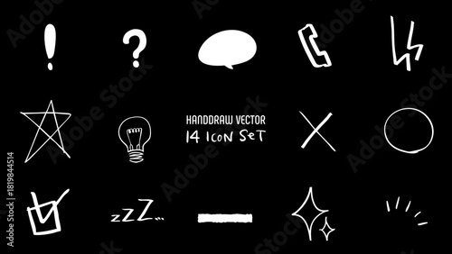 Hand Drawn Vector 14 Icon Set Doodle Scribble Style Thought Emotion Communication / 手書きベクター 14種 アイコンセット 落書き風 思考 感情 コミュニケーション