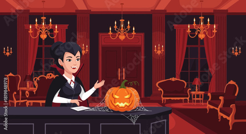 Elegant Halloween party scene featuring a vampire lady and illuminated pumpkin