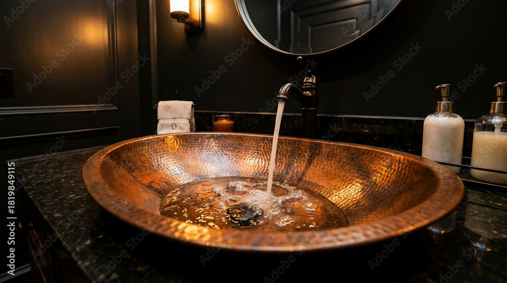 Obraz premium Copper Sink Water Flow Powder Room Dark Background Contrast Pop