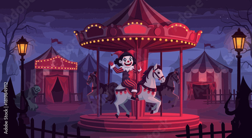 Whimsical Spookiness: A Carousel Ride at Dusk with a Jester