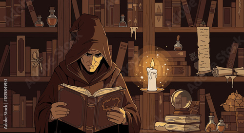 Studious Sorcerer: A Scholar Immersed in Ancient Texts by Candlelight