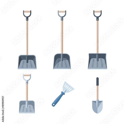 Collection of Cleaning Tools Dustpans Scrapers and Shovels.