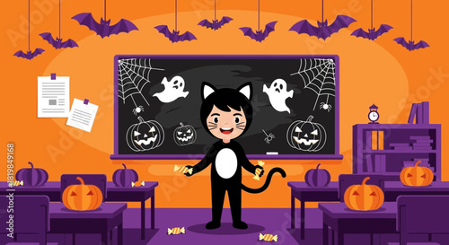 Halloween classroom with a kid in a cat costume and spooky decorations