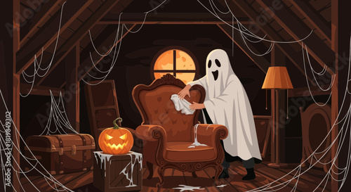 Cartoon Ghost Cleaning in Attic Decorated with Halloween Pumpkin and Cobwebs