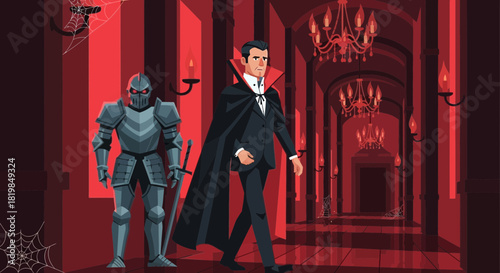 Dark corridor with a dashing vampire and an armored knight under eerie light