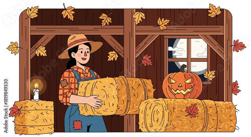 Harvest season illustration featuring a woman in overalls and pumpkin in a barn