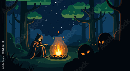A solitary figure by the campfire in a mysterious forest at night setting