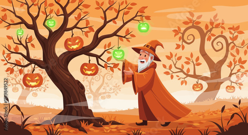 Enchanting autumn scene with wizard harvesting magical halloween pumpkins