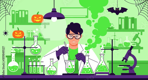 Mad Scientist Brewing Spooky Concoctions for a Halloween Experiment in Lab