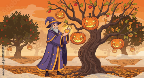 Enchanting autumn scene with wizard harvesting enchanted pumpkins in the orchard