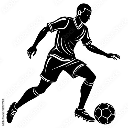 Silhouette of a soccer player dribbling a ball in black and white