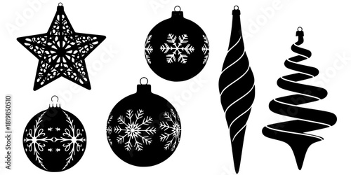 Black Christmas ornament silhouette set with star, round bauble, and spiral decoration, festive holiday vector design elements collection