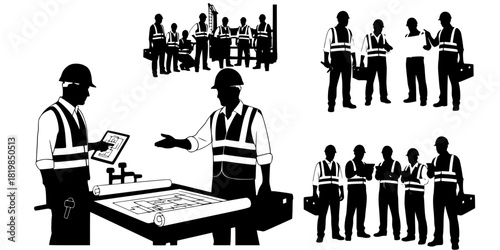 Construction engineers working together silhouettes with safety vests, toolboxes, inspection tables, teamwork coordination and industrial workplace activities