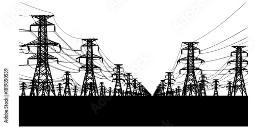 High voltage power transmission towers and electricity pylons landscape silhouette with connected cables, energy infrastructure, industrial utility grid illustration 
