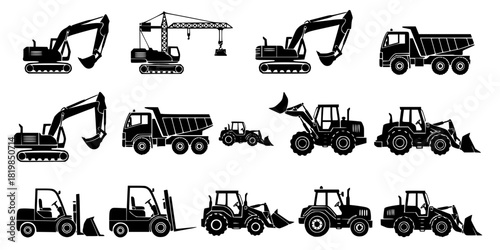 Silhouette construction machinery icons set with excavators, cranes, dump trucks, forklifts, tractors, loaders and industrial vehicles for building, engineering and heavy equipment design