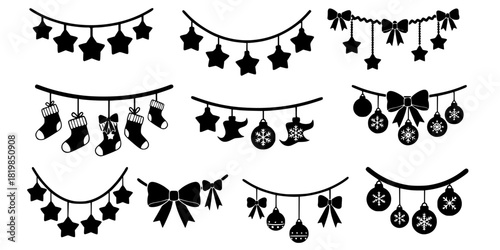 Christmas garland and ornament silhouette set, festive hanging decorations, stars, socks, bows, baubles, black and white vector clipart