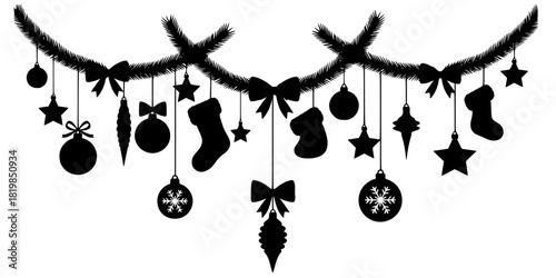 Christmas garland and ornament silhouette set, festive hanging decorations, stars, socks, bows, baubles, black and white vector clipart