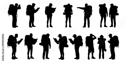 A diverse collection of hiker and traveler silhouettes, equipped with backpacks and maps, exploring and navigating their journey.