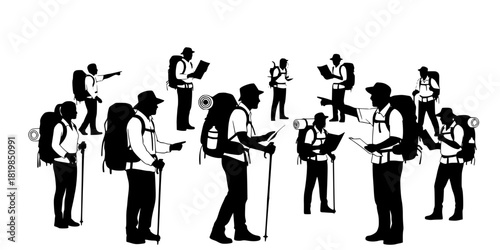 A diverse collection of hiker and traveler silhouettes, equipped with backpacks and maps, exploring and navigating their journey.