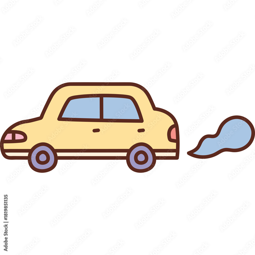 Fototapeta premium Simple Yellow Car with Blue Windows and Exhaust Smoke on Transparent Background
