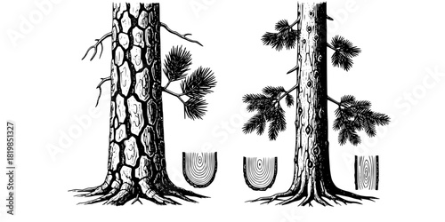 Tree trunk, coniferous tree, needle foliage, tree comparison, bark texture, nature illustration, botanical contrast, foliage layers, educational art, ecology study