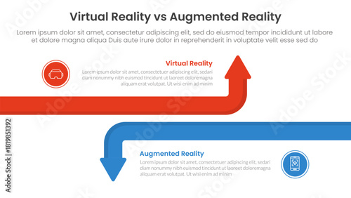 vr vs ar technology comparison concept for infographic template banner with big line arrow opposite with two point list information