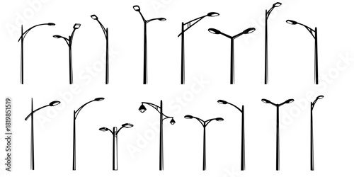 Streetlight silhouette collection, dual arm lamp post designs, urban lighting illustration, modern city pole artwork, outdoor night architecture elements