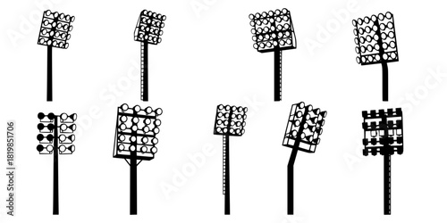 Stadium light pole silhouette set, floodlight vector illustration, sports field illumination design, outdoor arena lighting system, electricity infrastructure drawing, engineering lamp collection 