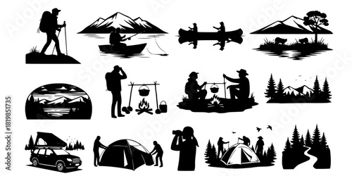 Camping adventure silhouette set, hiking, fishing, canoeing, campfire cooking, wilderness exploration, outdoor travel, tent setup, nature activities, forest journey