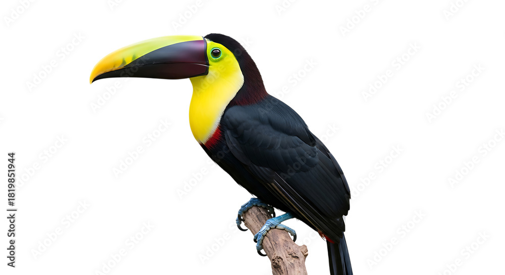 Naklejka premium Keel billed toucan, perched on a branch with vibrant yellow chest and large colorful beak, isolated on a white or transparent background, cutout, PNG