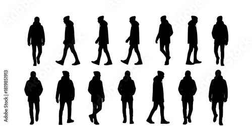 A comprehensive collection of black silhouettes featuring a young man in casual winter attire, captured in various walking and standing poses.