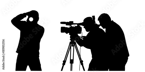 Photographer silhouette, videographer silhouette, camera operator, tripod setup, photo shoot, video recording, media production, capturing moments, professional photography poses